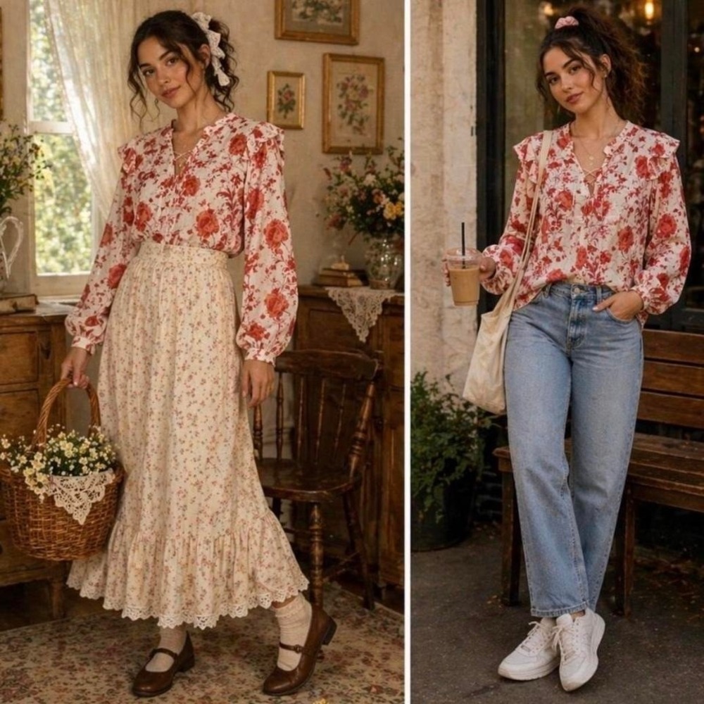 Maeve Floral Blouse Sz XL Sheer Romantic Coquette Cottagecore Ruffle Feminine